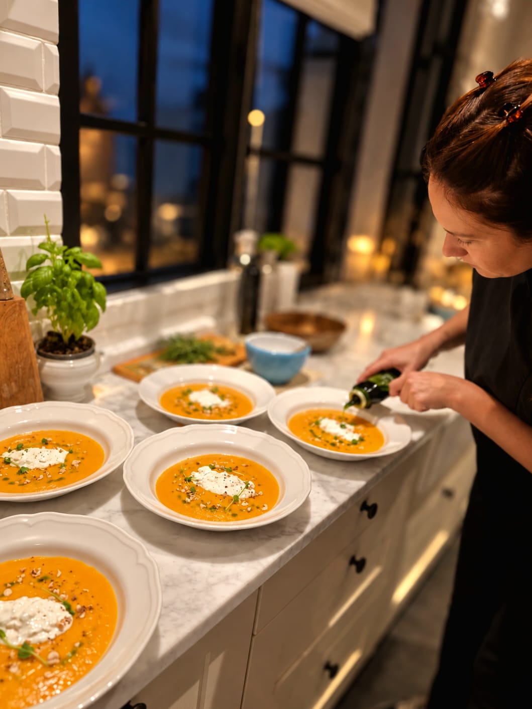 Anaïs Lerouge, cheffe privée, dresse ses assiettes en cuisine