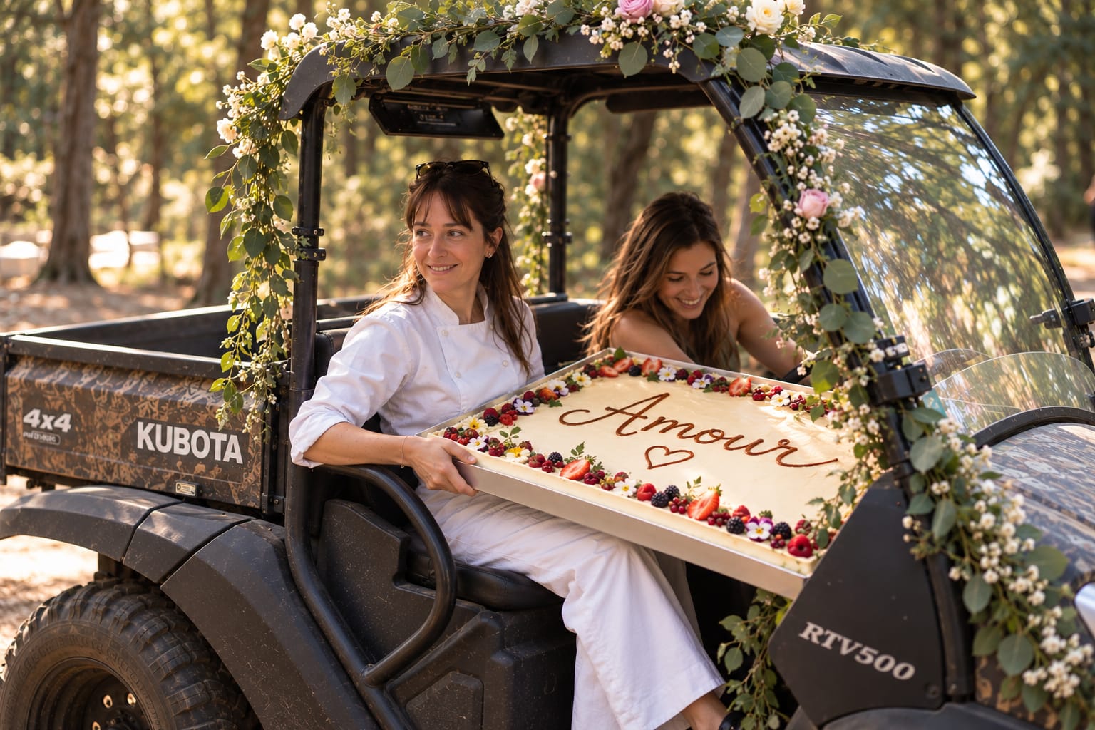 Anaïs Lerouge apportant un gâteau géant « Amour » dans un buggy fleuri