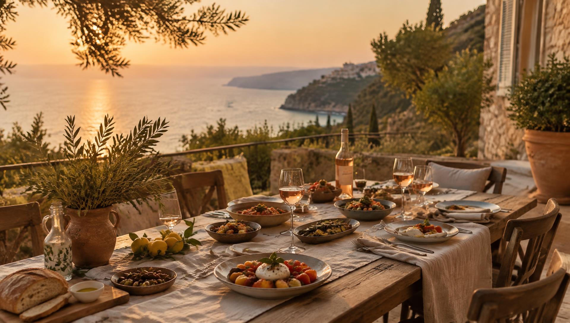 Table dressée sur la terrasse d'une villa face à la mer, au coucher du soleil